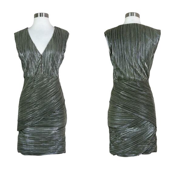Maje | Romea Metallic Green Plisse Bandage V Neck Designer Mini Dress 38 Medium - Picture 12 of 12